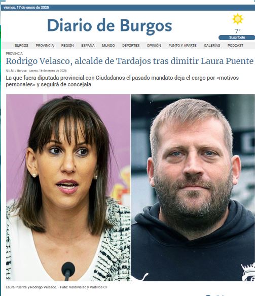 Titular Diario de Burgos: Rodrigo Velasco Alcalde de Tardajos, tras la dimisión de Laura Puente